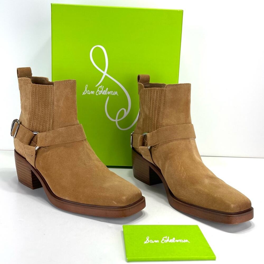 Sam Edelman Bellamie Women Camel/Tan Western Ankle Boot Sz 7.5 Suede Harness New